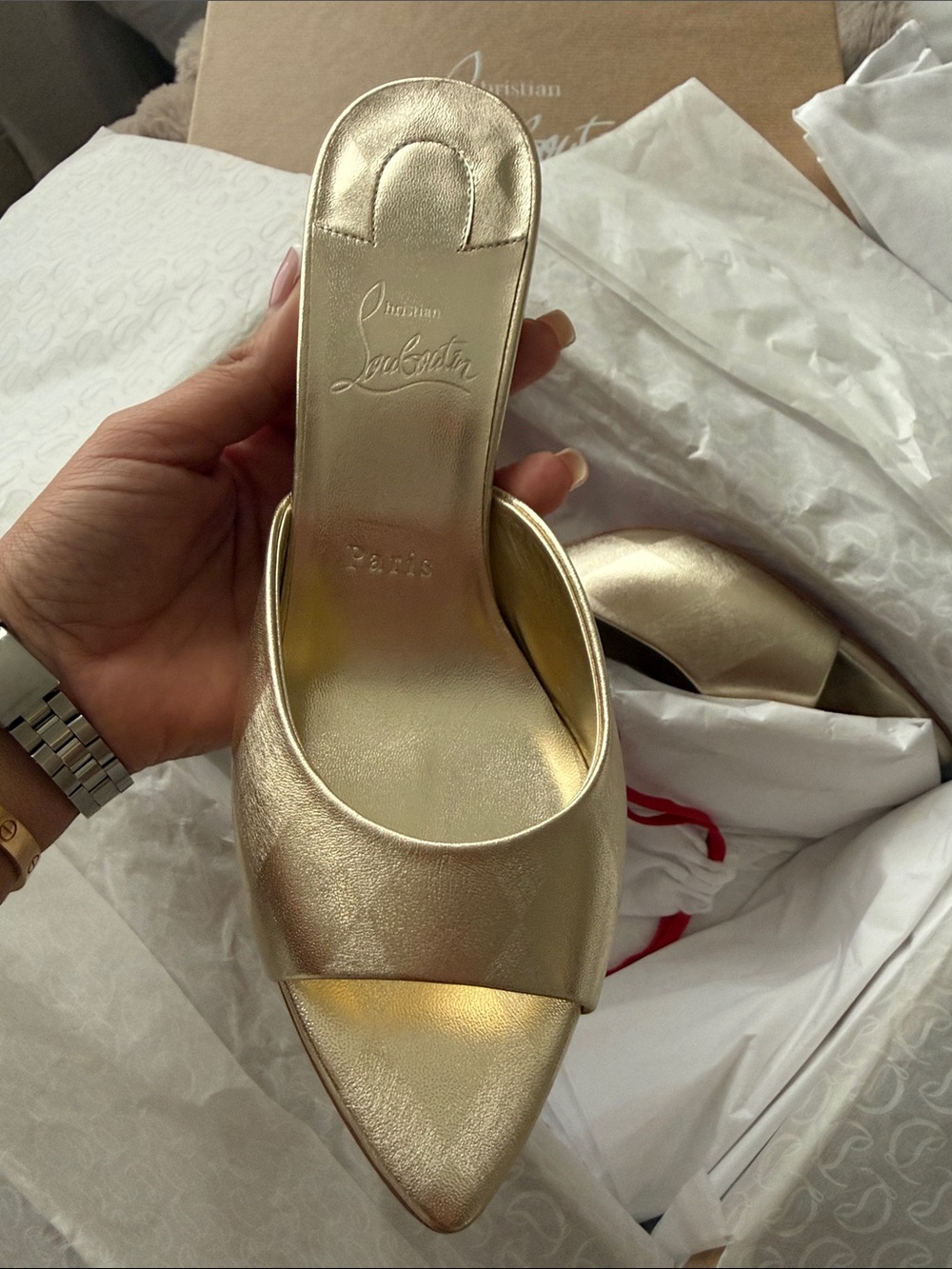 Christian Louboutin ivory satin Miss Z 80 mule with red sole
